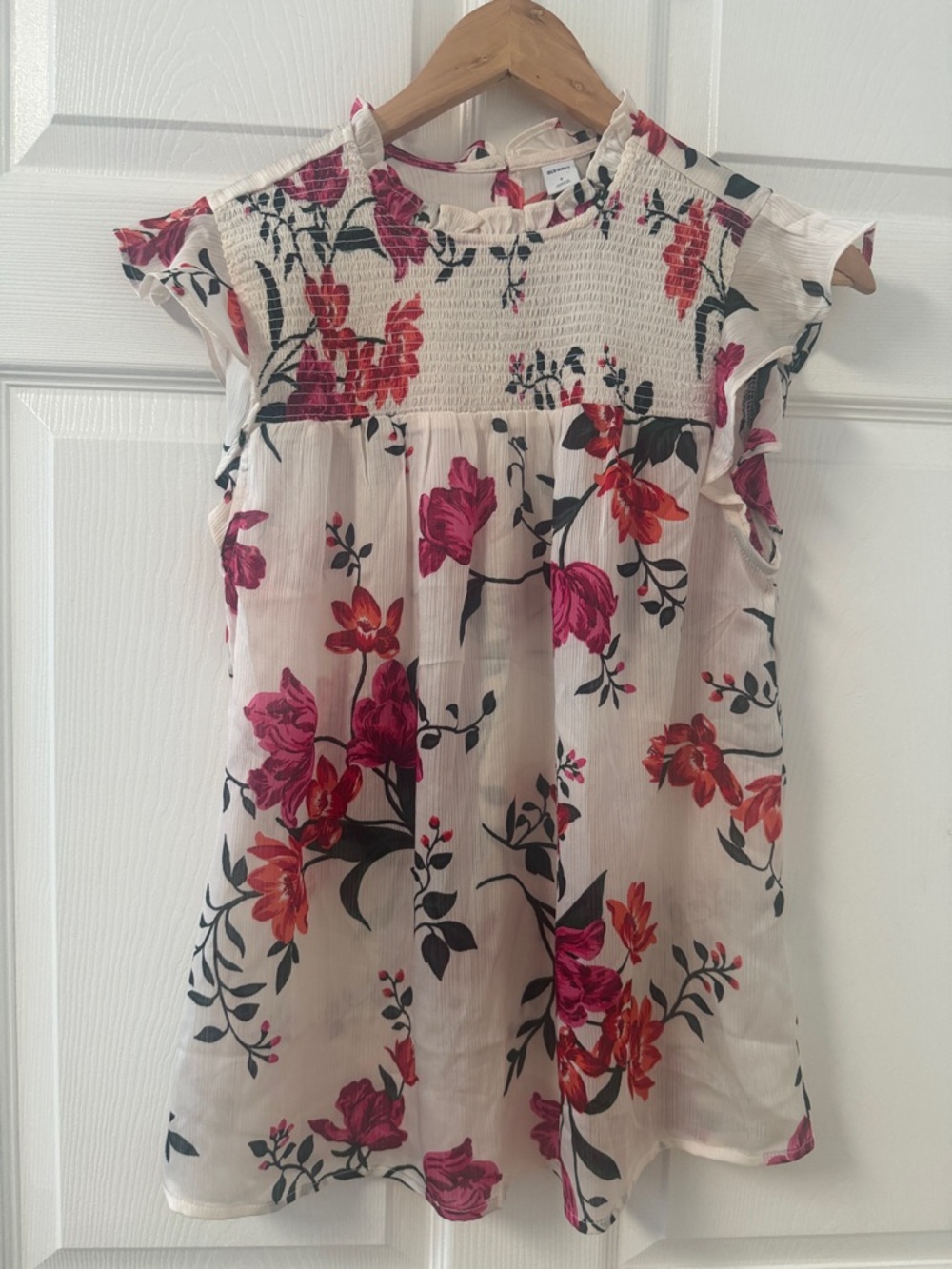 Old Navy Cream Blouse with Pink & Red Floral Print